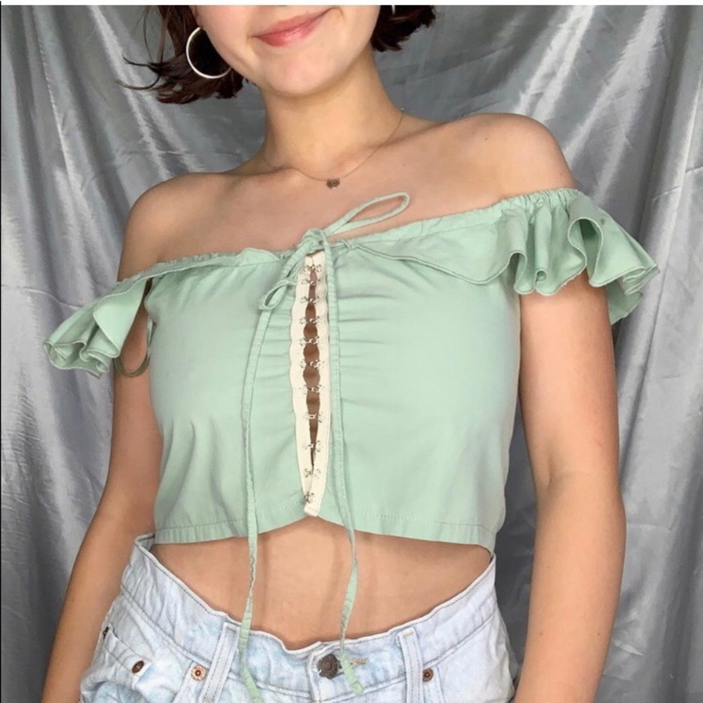 ZARA SEAGREEN RUFFLE OFF-SHOULDER EYELET CROP TOP